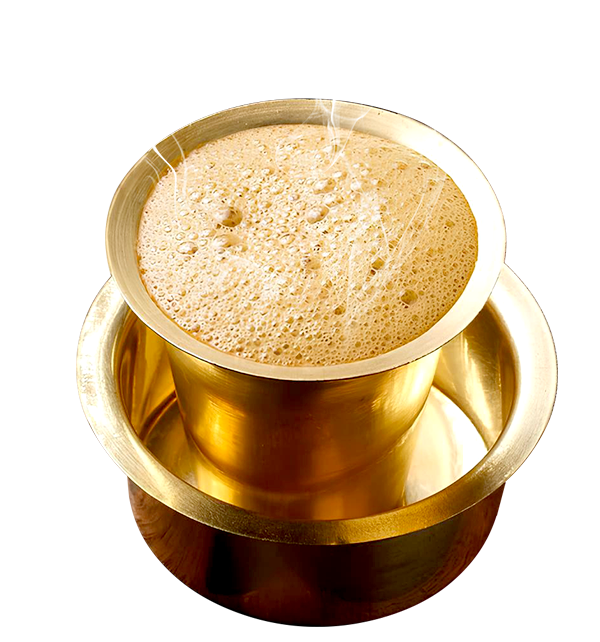 Traditional South Indian filter coffee served in brass dabra-tumbler at Madras Coffee Xpress